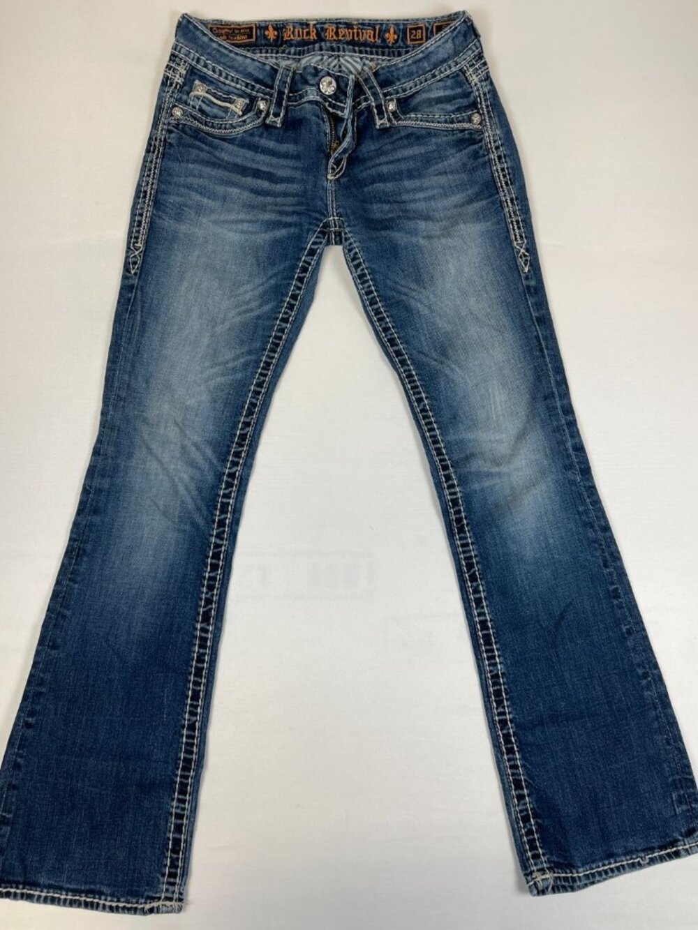 Rock Revival Women 28 Bootcut Jeans Blue Thick Stitch Fleur De Lis